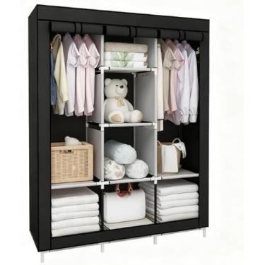 Imagem de Guarda Roupa Dobrável Grande com 4 Divisórias e Cabideiro, Organizador de Roupas, Sapatos e Acessórios para Quarto​(Preto,CASAL)