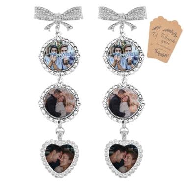Imagem de DELORIGIN Berloques para fotos de buquê de casamento, 2 peças, berloques prateados de flor na lapela com rótulos, laço de coração, joias de noiva, porta-retrato de vidro faça você mesmo, para