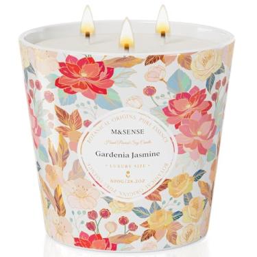 Imagem de M&SENSE Gardenia Vela perfumada de jasmim, 800 ml, 3 pavios, velas grandes de cera de soja natural, limpeza lenta, queima lenta, decoração não tóxica para relaxamento em casa, encontros românticos e