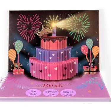 Imagem de Cartões de feliz aniversário pop-up 3D para mulheres – fogos de artifício e música com soprar a vela, coroa de ouro, balões 3D, design roxo e rosa - Cartão de feliz aniversário para mãe, esposa ou