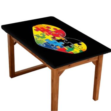 Imagem de Toalha de mesa retangular de 1,8 m com elástico ajustada, linda toalha de mesa com autismo, amor, coração, elástica, retangular, impermeável, lavável, protetor de mesa para piquenique, jantar, cozinha