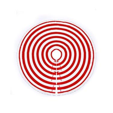 Imagem de Saia para árvore de Natal de 121 cm, anéis anuais vermelhos e brancos, saia para árvore de Natal com acabamento em pompom, decoração de árvore de Natal macia e rústica natural para decoração de casa