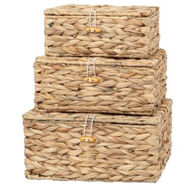 Imagem de Kultilanda Cestas de vime tecidas à mão, caixas de armazenamento decorativas com tampas, conjunto de 3, jacinto de água natural, caixas organizadoras para armário, prateleira, decoração de casa
