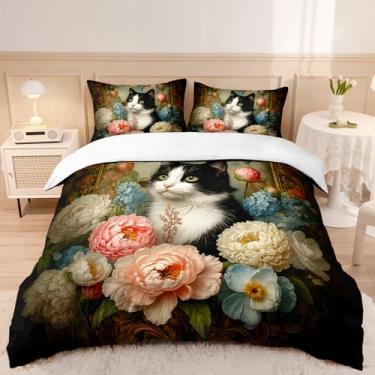 Imagem de AILONEN Conjunto de capa de edredom tamanho king size de gato fofo 3D, conjuntos de cama de jardim de peônia, capa de edredom para amantes de gatinhos, 3 peças, 1 capa de edredom e 2 fronhas