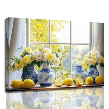 Imagem de ZSHARTSWD Arte de parede limão imagens de cozinha amarelo limão cítrico impressões em tela azul cerâmica pintura janela frutas pôster rústico casa de fazenda decoração de banheiro emoldurada (azul