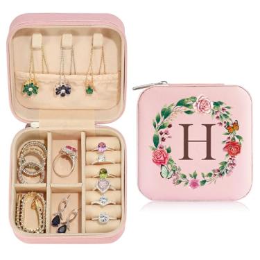 Imagem de Caixa de joias para mulheres, estojo organizador de joias inicial para viagem, colar e brincos, caixa de anel, presentes de aniversário de Natal para irmãs filhas, letra A-Z, rosa fofo