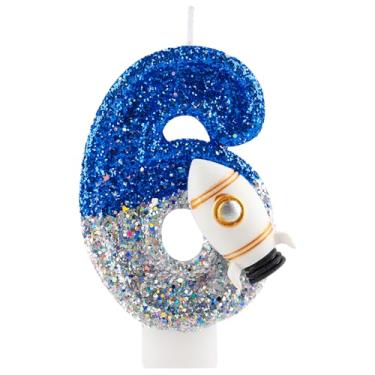 Imagem de Vela de aniversário de 6 anos, foguete espacial, número 6 velas, azul, prata, enfeite de bolo, decoração de feliz aniversário, para meninas, meninos, artigos de festa de aniversário