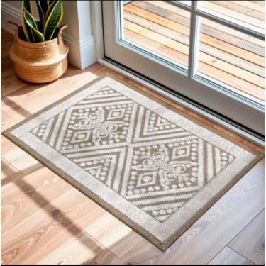 Imagem de Tapete Atoalhado ISTAMBUL, Bege, Cinza Claro, Cinza Escuro, Marrom, com Padrão Geométrico, Lavável na Máquina, 82cm x 52cm (Bege)