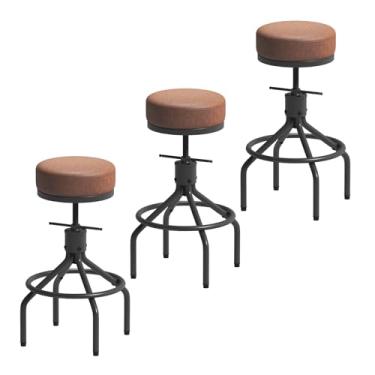 Imagem de CHIDOCHILO Conjunto de 3 banquetas de bar industriais giratórias ajustáveis modernas de couro PU 71 cm redondo frente única banco de bar de metal para ilha de cozinha (D017-marrom-3)