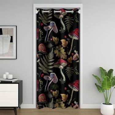 Imagem de Cortina de porta de cogumelo selvagem 152,4 cm L x 203,2 cm C Borgonha planta folhas caídas cortina blackout para porta de armário cortina de impressão de caracol rústico tapeçaria para corredor sala