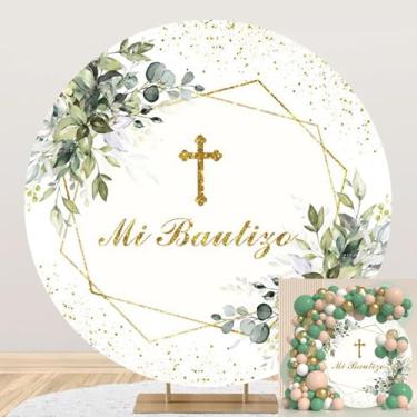 Imagem de Leyiyi Capa de fundo redonda Mi Bautizo de 2,2 x 2,2 m, primeira comunhão, batizado, círculo, fundo verde, folhas de eucalipto, faixa de batismo, decoração de batismo, adereços de cabine de estúdio
