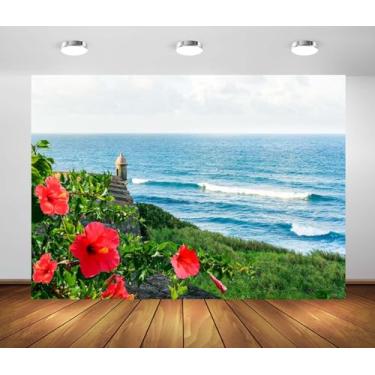 Imagem de Loccor Tecido de 2,1 x 1,5 m Antigo San Juan, Costa de Porto Rico, Fortaleza do Sítio Histórico Nacional com Flores Desabrochando Fundo Vista Oceano Tema Porto Rico Decorações de Festa Adereços de