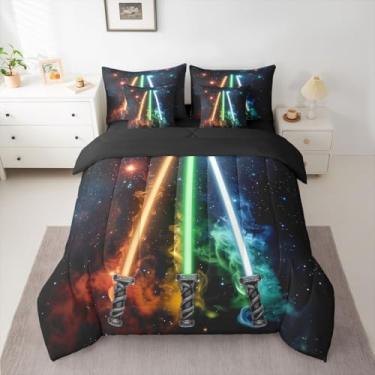 Imagem de jejeloiu Conjunto de cama King com estampa de sabres de luz coloridos, galáxia, para meninos, meninas, espaço sideral, para meninos, meninas, em uma bolsa, microfibra leve e macia