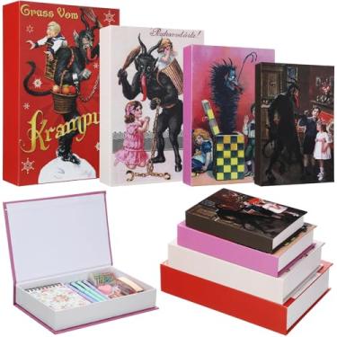 Imagem de Cholemy Conjunto de 4 caixas decorativas de Natal para armazenamento de livros falsos, mesa de papel vintage, decoração de prateleira de Natal com armazenamento oculto para decoração de mesa de