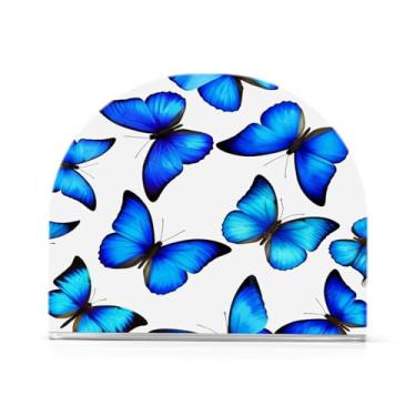 Imagem de Qilmy Porta-guardanapos, porta-guardanapos de acrílico transparente borboleta azul para mesa, suporte de guardanapo de coquetel de papel de seda para cozinha, dispensador de guardanapos de jantar para