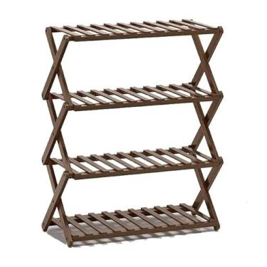 Imagem de Organizador de sapatos dobrável, prateleira multifuncional de armazenamento de sapatos, suporte organizador de sapatos de bambu de várias camadas para porta de armário (4 camadas, 50 cm, tamanho único