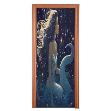 Imagem de Wassud Capa de porta de Halloween 81 x 199 cm grande decoração de sereia bonita, faixa elástica para porta interna para varanda e porta da frente