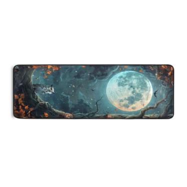 Imagem de Burbuja Tapete de Halloween Tumb Red Moon Runner 61 x 183 cm, tapete lavável antiderrapante com suporte de borracha, tapete para sala de estar, corredor, decoração de casa