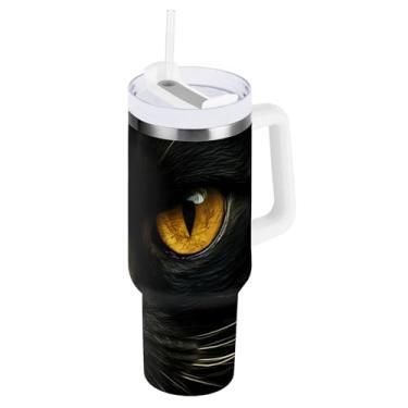 Imagem de Kigai Copo de 850 g com alça, copos isolados de olhos de gato amarelos com tampa e canudo, garrafa de água esportiva de metal grande, caneca de café de viagem de aço inoxidável