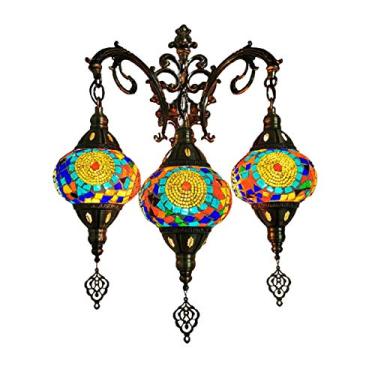 Imagem de Luminária de parede marroquina de 3 braços, aplique de parede turco em mosaico, luminária de cabeceira tradicional feita à mão para sala de estar, quarto, corredor, varanda, café ou bar.