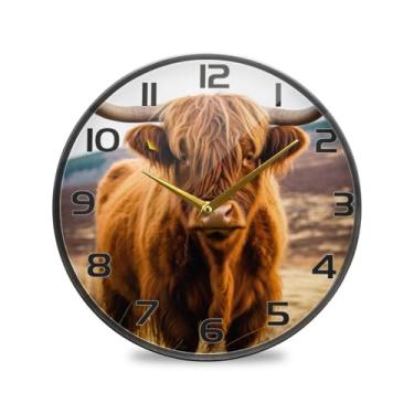 Imagem de YETTASBIN Highland Cow Relógio de parede acrílico – Silencioso, sem tique-taque, operado por bateria, relógio redondo decorativo criativo para cozinha, sala de estar, banheiro, decoração de escritório
