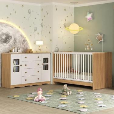 Imagem de Berço 3 em 1 para Colchão 130x60cm com Cômoda 2 Portas 4 Gavetas Serena Multimóveis Mp4749 Madeirado/branco