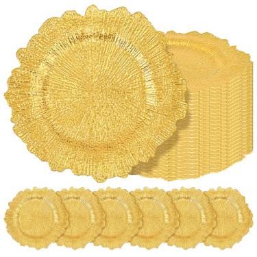 Imagem de Teruntrue 24 placas de carregamento douradas a granel de 33 cm, placas de carregamento de plástico para prato de jantar, carregadores dourados para mesa, placa de design de recife, carregadores