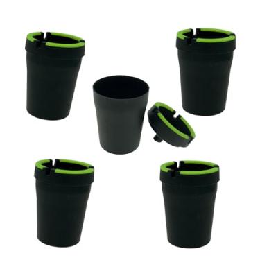 Imagem de JUJUYACO Conjunto de cinzeiro de carro, preto com acabamento verde, design de copo autoextinguível, pacote com 5 baldes de borracha portáteis com tampa, 10 cm de altura, para viagens domésticas