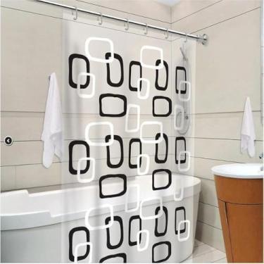 Imagem de Cortina de banheiro listrada, poliester, impermeavel e decorativa, para box, preta e branca, elegante.