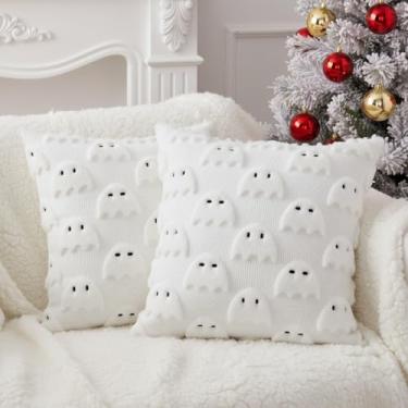 Imagem de Coddsmz Conjunto de 2 capas de travesseiro de Natal 45,7 cm x 45,7 cm, de pelúcia macia e branca, Little Ghost Winter Christmas para decoração de casa, capas de almofada de sofá para ambientes
