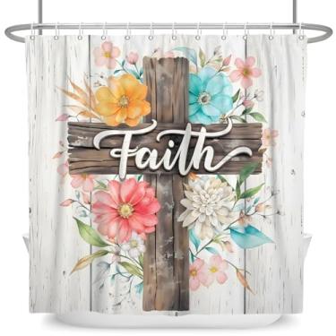 Imagem de Cortina de chuveiro floral com cruz de madeira flores coloridas plantas rústica fazenda fé cristã versículo da Bíblia cortina de chuveiro impermeável tecido de poliéster acessório para banheira de