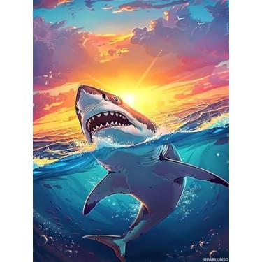 Imagem de UPABLUNSO Kit de pintura de diamante para adultos 5D The Shark Full Drill Diamond Art Kit DIY conjunto de pintura de pedra de tubarão quarto sala de estar decoração de parede presentes 30 x 40 cm