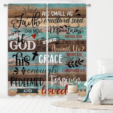 Imagem de MESHELLY Cortinas cristãs com versículo bíblico 106 cm L x 150 cm A, bolso para varão, citações inspiradoras, rústica, azul, marrom, madeira, tabuleiro, quarto, janela, cortinas, estampa de casa de