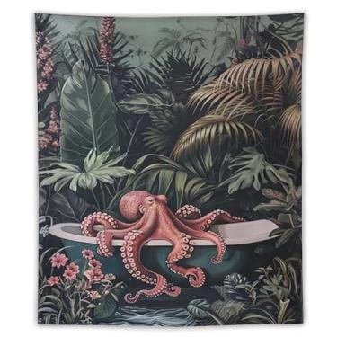 Imagem de Tapeçaria engraçada de polvo na banheira, decoração de parede botânica tropical, criatura marinha, criatura marinha, decoração de arte para chuveiro, casa de praia, spa náutico, decoração de parede