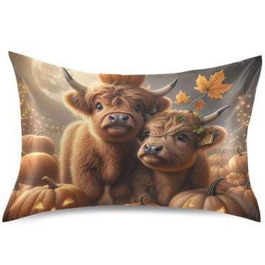 Imagem de Linda capa de almofada de cetim de vaca Highland Halloween para resfriamento de cabelo, capa de travesseiro padrão King Queen, arte colorida, capas de almofada macias, tamanho Queen, 76 cm x 50 cm