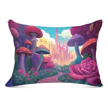 Imagem de Capa de travesseiro caprichosa de cogumelo castelo caminho queen 50,8 x 76,2 cm, capa de travesseiro macia com zíper para outono e inverno