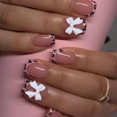 Imagem de 24 peças de oncinha com ponta francesa, unhas postiças, quadradas, curtas, design de laço brilhante, capa completa, cola nude nas unhas (branca)