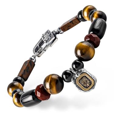 Imagem de GUXI - Pulseira masculina com olho de tigre de fogo solitário, contas de pedra preciosa obsidiana premium puras feitas à mão, cura e ansiedade, para homens, pulseiras de proteção para namorado, ideias