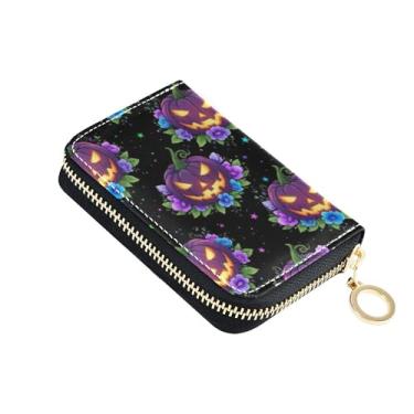 Imagem de Carteira de couro feminina com bloqueio de RFID, porta-cartões de crédito, zíper ao redor de moedas, bolsa com zíper, lanterna engraçada abóboras