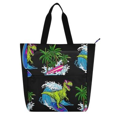 Imagem de GAIGEO Sacola de livro infantil preta para surfe tiranossauro Rex com zíper resistente à água com estampa animal engraçada utilitária trabalho escolar bolsa de praia