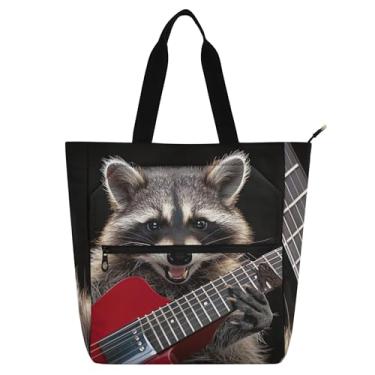 Imagem de Bolsa feminina Raccoon Electric Guitar Rock para trabalho lona praia livro tote com zíper utilitário presente de escritório para amantes de livros bolsas