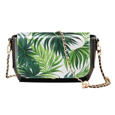 Imagem de Bolsa transversal floral laranja e amarela em couro bege com aba, bolsas de ombro femininas tamanho médio, Planta verde em branco-1, One Size