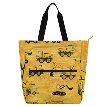 Imagem de GAIGEO Sacola infantil amarela para veículos de construção, caminhões, com zíper, bolsa escolar para meninos e meninas, reutilizável, para crianças