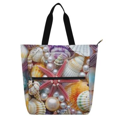 Imagem de Sacolas femininas coloridas de estrela-do-mar conchas de trabalho para mulheres bolsas universitárias escolares bolsas utilitárias de escritório, presente para amantes de livros