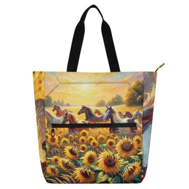 Imagem de GAIGEO Bolsas de trabalho de primavera com girassóis cavalos para mulheres, bolsas de tecido de lona, faculdade, escola, crianças, presente para amantes de livros