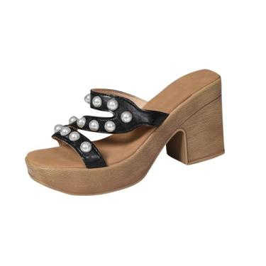 Imagem de Moda feminina casual estilo verão cor sólida oco bico aberto salto alto romano com salto de 9,5 cm, Preto, 36