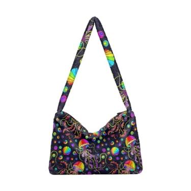 Imagem de Bolsa de ombro feminina com textura de flor floral, bolsa de ombro com zíper, bolsa de ombro feminina, Água-viva arco-íris, One Size