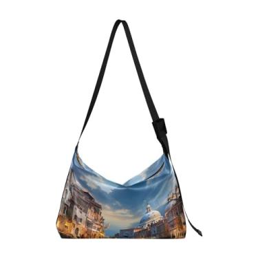 Imagem de Bolsa tiracolo de couro grande com frutas vermelhas maçã, bolsa tiracolo de couro macio para mulheres, bolsa Hobo transversal, Edifícios e casas na água 4, One Size