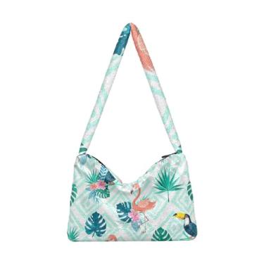 Imagem de Bolsa de pelúcia vintage com textura de madeira para tartarugas marinhas, bolsas para livros para mulheres, bolsas de outono, Flores de tucano flamingo, One Size