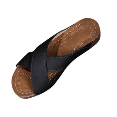 Imagem de Salto plataforma com tira cruzada para mulheres com sola grossa e design de cor sólida para uso casual e confortável, Preto, 38
